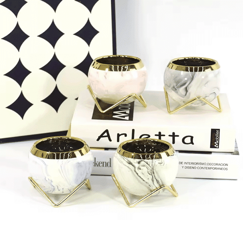 3-Inch Modern Marble Pattern Ceramic Flower Pot with Gold Metal Rack | Set of 4